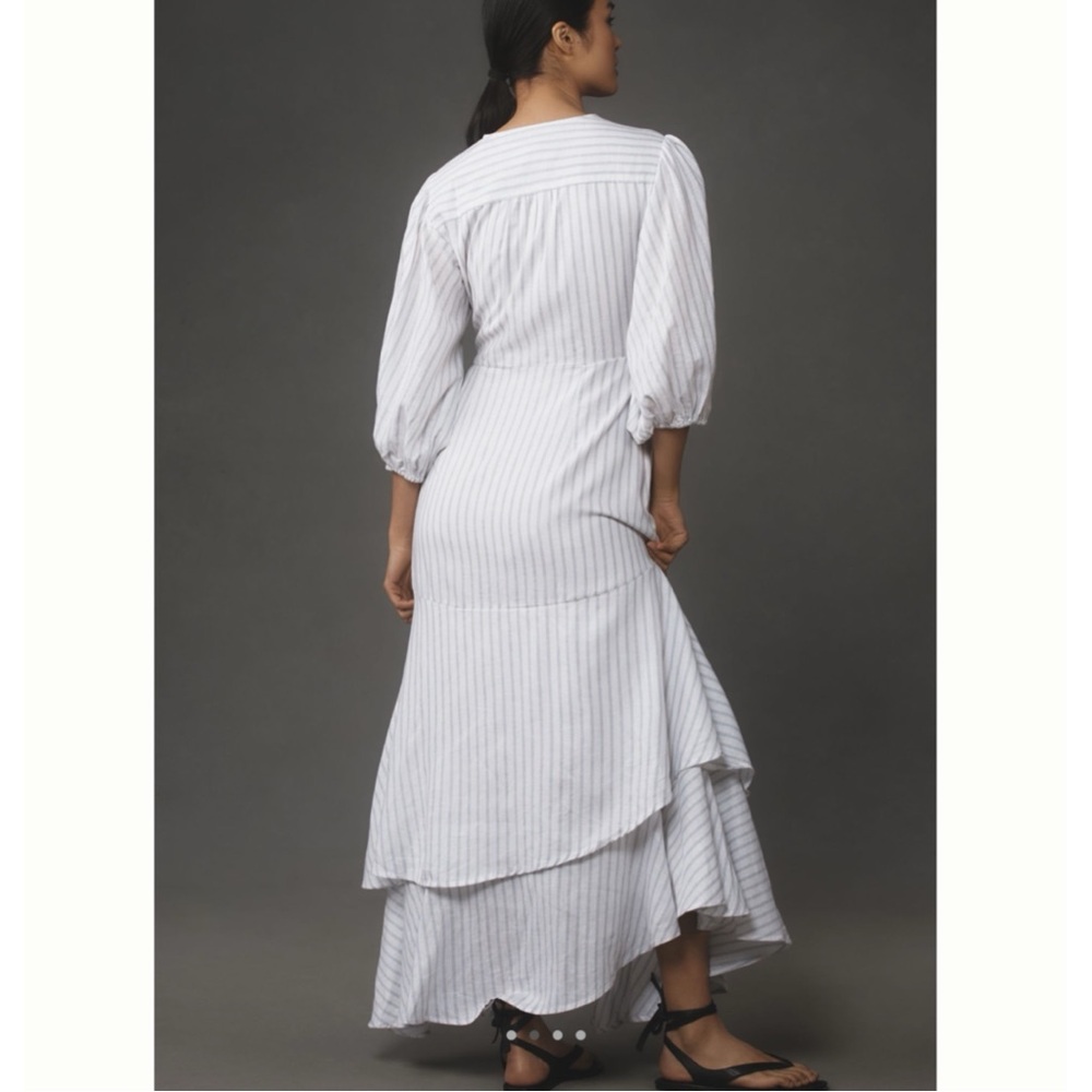 Anthropologie Maeve Tiered Linen Asymmetrical Wrap Dress NEW Large Grey Stripe - Picture 3 of 15